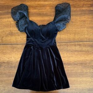 B Darlin Black Dress with Sheer Polka Dot Sleeves